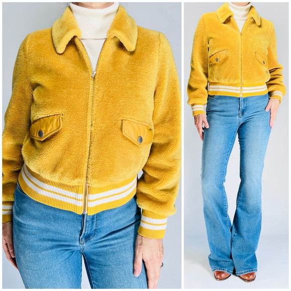 Samantha Sipos Shearling Bomber Jacket Collared Full Zip Pockets Size XS Yellow - Picture 1 of 16